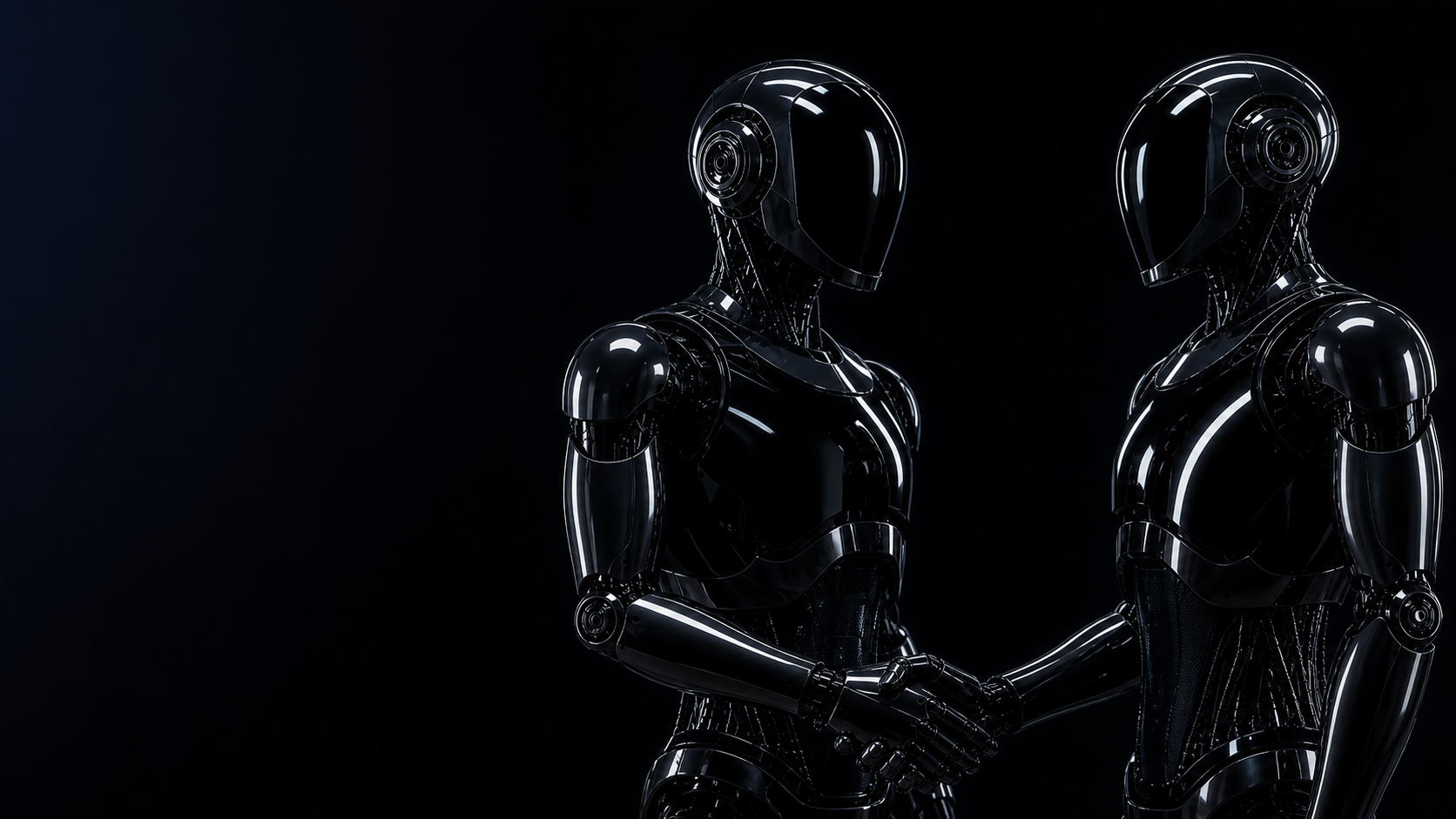 Two glossy Neura referral robots shaking hands